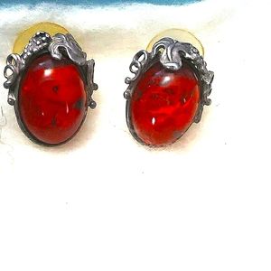 AMBER 925 cognac BALTIC POLAND GRAPE LEAVES VINTAGE STERLING SILVER EARRINGS